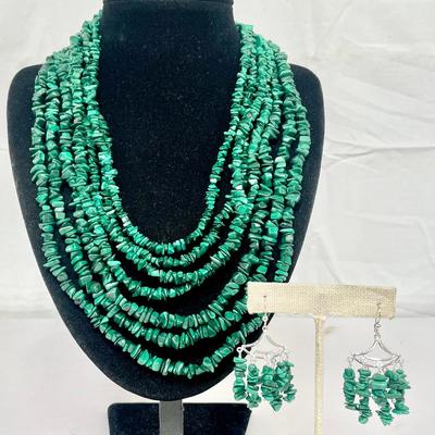 Malachite And Sterling Silver Necklace & Earrings Set 