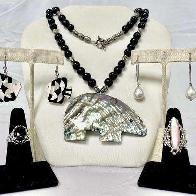 Sterling And MOP Jewlery With Baroque Pearl Earrings & Abalone Shell Bear Pendant Necklace 