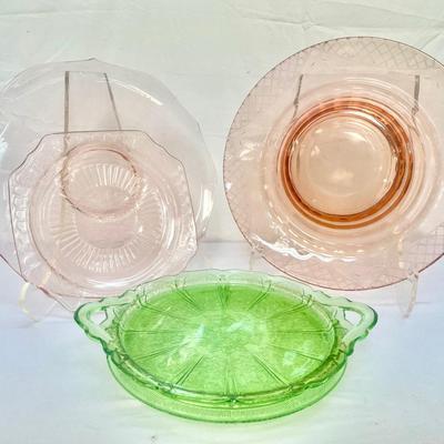 Pink Depression Glass & Uranium Green Jeanette Cherry Blossom Serving Plate 