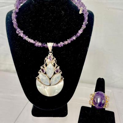 Amethyst Beaded Choker With MOP, Amethyst And Moonstone Pendant & Amethyst Bronze Ring 