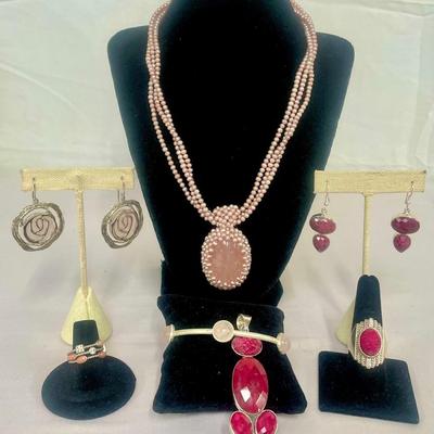 Sterling, Rose Quartz And Ruby Jewlery 
