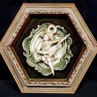 Vintage Framed Porcelain Musician Playing Lute
