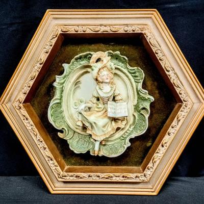 Vintage Framed Porcelain Lady with Sheet Music – Hexagonal Velvet Shadow Box