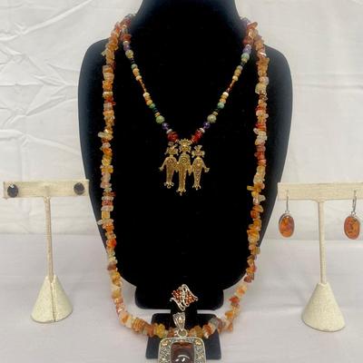 Amber, 925 Sterling Silver And Bronze Tribal Pendant Gemstone Necklace
