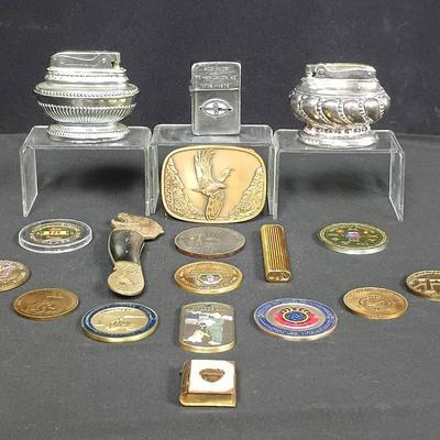 Vintage Military Memorabilia Lot – Challenge Coins, Lighters & More
