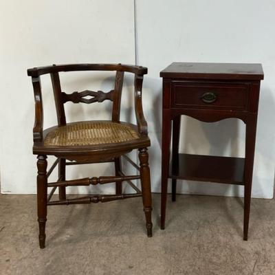 Antique Barrel Chair W/ Vintage Bedside Table 
