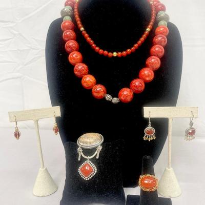 Sterling Silver, Carnelian, Salmon Coral Vintage Jewelry 