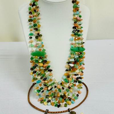Stunning Jade Bib Necklace / Leather & 14k Necklace / (2) 925 Pendants
