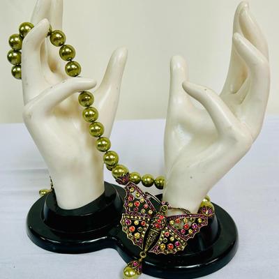 Heidi Daus Madame Butterfly Olive Green Bead & Crystal Statement Necklace