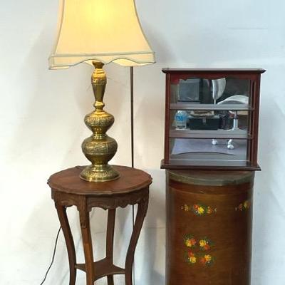 Art Deco Accent Table, Handpainted Wastebasket, & Brass Lamp