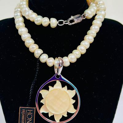 Honora 18" Freshwater Pearl Necklace w/ Mother-of-Pearl Sun Pendant