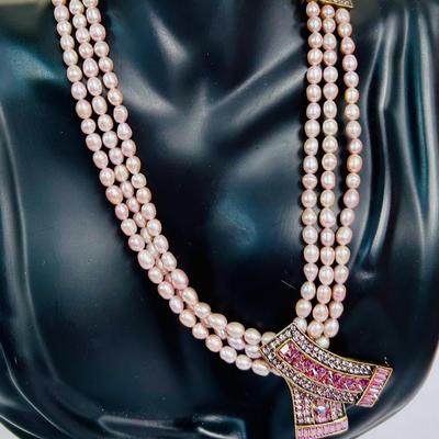 Heidi Daus Crystal Pink Ribbon & Multistrand Pink Pearl Necklace