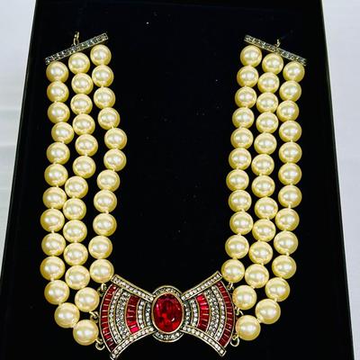 Heidi Daus "Bling Overload" Ruby Red Crystal Bow Pearl Necklace w/Box