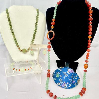 Sterling And Jade Green Carved Set With Jade And Carnelian Necklace 