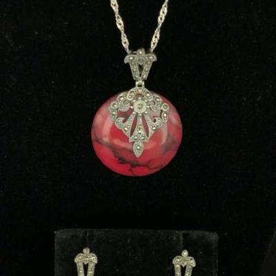 Bo436v silver malachite red stone earring & necklace set