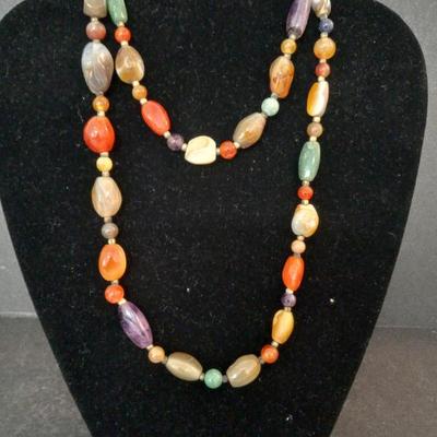 Vintage Agate & Other Natural Stone 35" Barrel Clasp Necklace