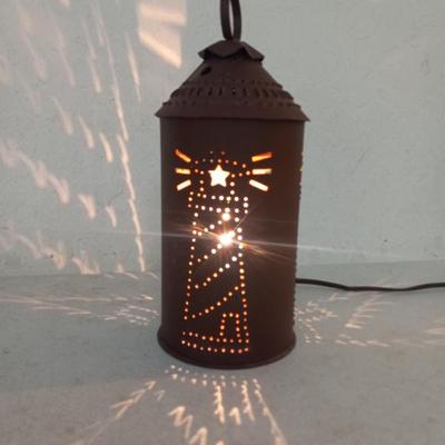 Vintage Colonial Tin Works Punched Tin Lamp - Brown with Lighthouse Pattern - 4" Diameter x 10" Tall