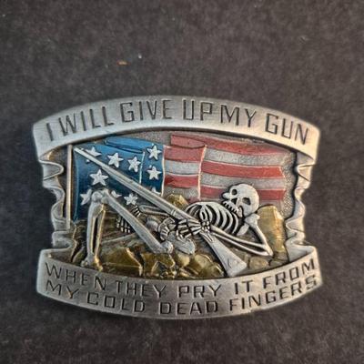Vintage 1979 Indiana Metal Craft "I Will Give Up My Gun..." Belt Buckle