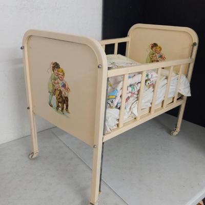 Vintage 1950s AMSCO Toys Adjustable Rail Doll-E-Crib - White with Adorable Boy & Girl Decals - 15" x 25½" x 21½"