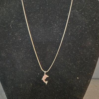 Vintage Sterling Pink Enameled Dolphin Charm on 16" 1mm Sterling Spring Ring Clasp Cord Chain - TW 5.8g
