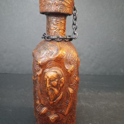 Vintage Don Quixote & Sancho Panza Hand Tooled Leather Covered Bottle - 9" Tall