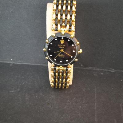 Vintage Replica Rolex (aka Fauxlex) Cellini Quartz Women's Golden/Black Beaded Band Analog Watch