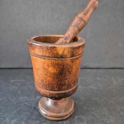 Antique Hand Carved Wood Pedestal Mortar & Pestle - 4½" Tall