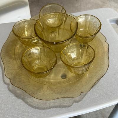 Federal Depression Glass Amber Tea Or Sherbet Cups, Pitcher, And Plate