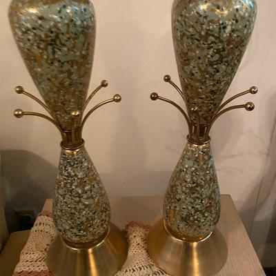 Mid Century Lamps - Retro, Mod, Blue, Gray & Gold - Set of 2 