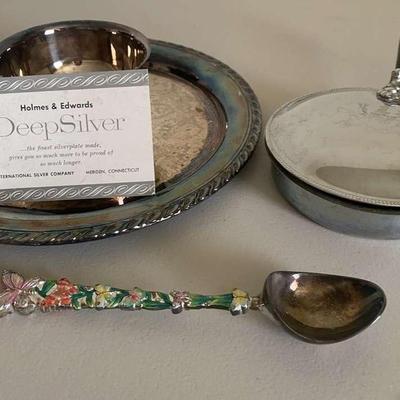 Vintage Silent Butler, Silver Plate Serving Tray & Jeweled Ice Cream Scoop 