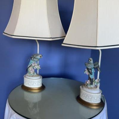 Pair of andrea by sadek porcelain bisque bird lamps