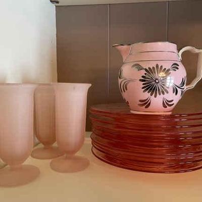 Pink dessert plates frosted parfait glasses and ceramic pitcher