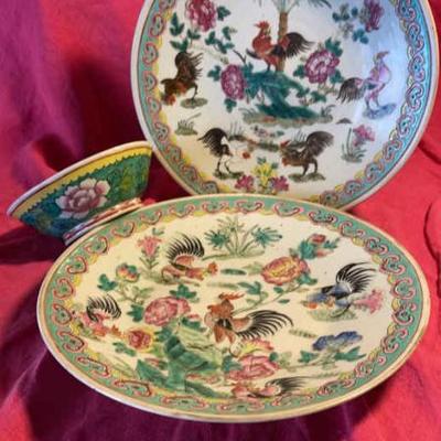 Antique chinese rose familie plates and a bowl