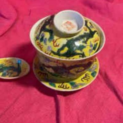 Antique chinese porcelain dragon yellow ware set