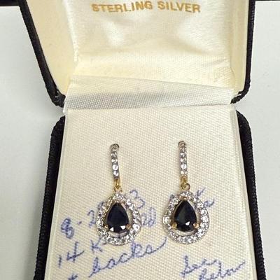 14k Gold Post And Back  White Topaz and Sapphire Earrings