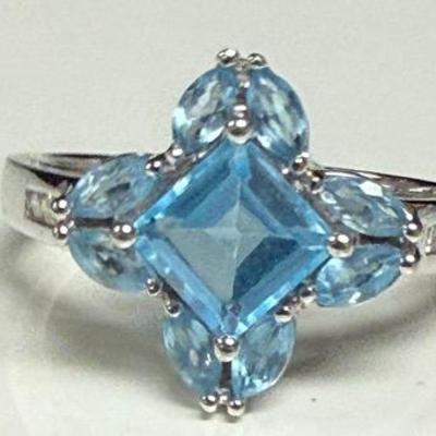 10K Swiss Blue Topaz Diamond Asscher Marquis clover flower white gold ring