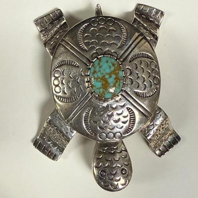 Rare Carol Felley Sterling Silver Turquoise Turtle Brooch/Pendant Pin W/Papers