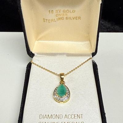 18k/925 Diamond Accent Genuine Emerald Necklace 