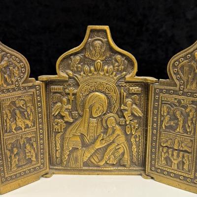 Antique Russian Orthodox Enamel and Bronze 3 Panel Triptych Mary Mother of God and Baby Jesus 1800's
