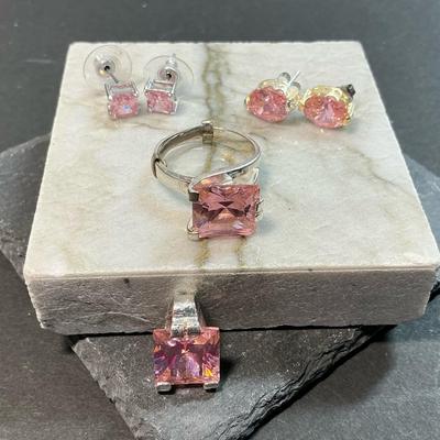 Sterling Silver And Pink Gem Jewelry Set 