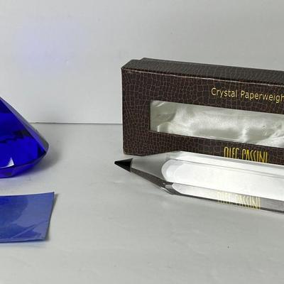 Signed Crystal Rosenthal “Diamond” in Cobalt Blue & Oleg Cassini Paperweights