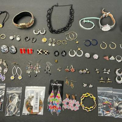 Costume Jewelry Lot Including Ladies Fossil Watch 