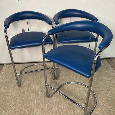 Anton Lorenz For Thonet Cantilevered Bar Stools - Blue Vinyl And Chrome