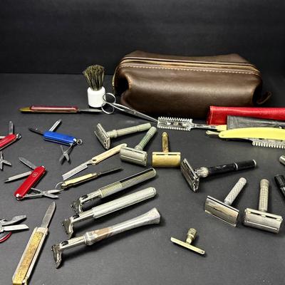 Vintage Shaving Supplies in Travel Bag + 8 Mini Pocket Knives – Razors, Brushes, Scissors, More