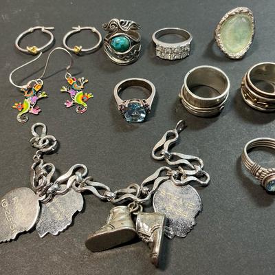 Sterling Silver Rings, Charm Bracelet And Earrings 