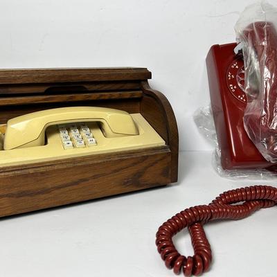 Vintage Red Bell System Push Button Wall Phone Unused & Western Electric Roll Top Hidden Phone