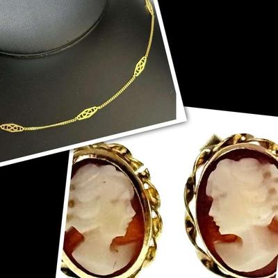 14K Gold Cameo Earrings & Backings with 15" Filigree Chain Link Necklace