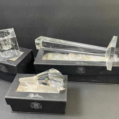 Signed Oleg Cassini Crystal Votive, Bottle Stopper & Candlestick In Original Boxes