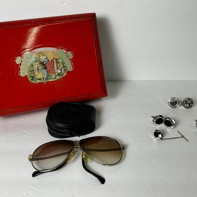 Vintage Ferrari Folding Sunglasses in Case, Men's Cufflinks & 2 Wooden Cigar Boxes