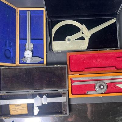 Vintage Precision Tools: Starrett #359 Bevel & Alteneder Drafting Protractors + Two Calipers, Boxed